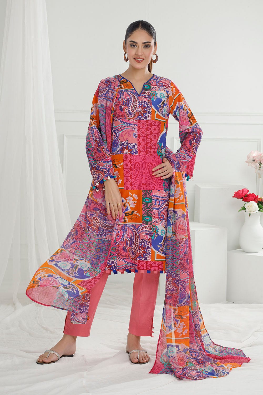 Gul Ahmed 3 Piece Unstitched Printed Cotton Silk Suit with Printed Chiffon Dupatta CS-52001