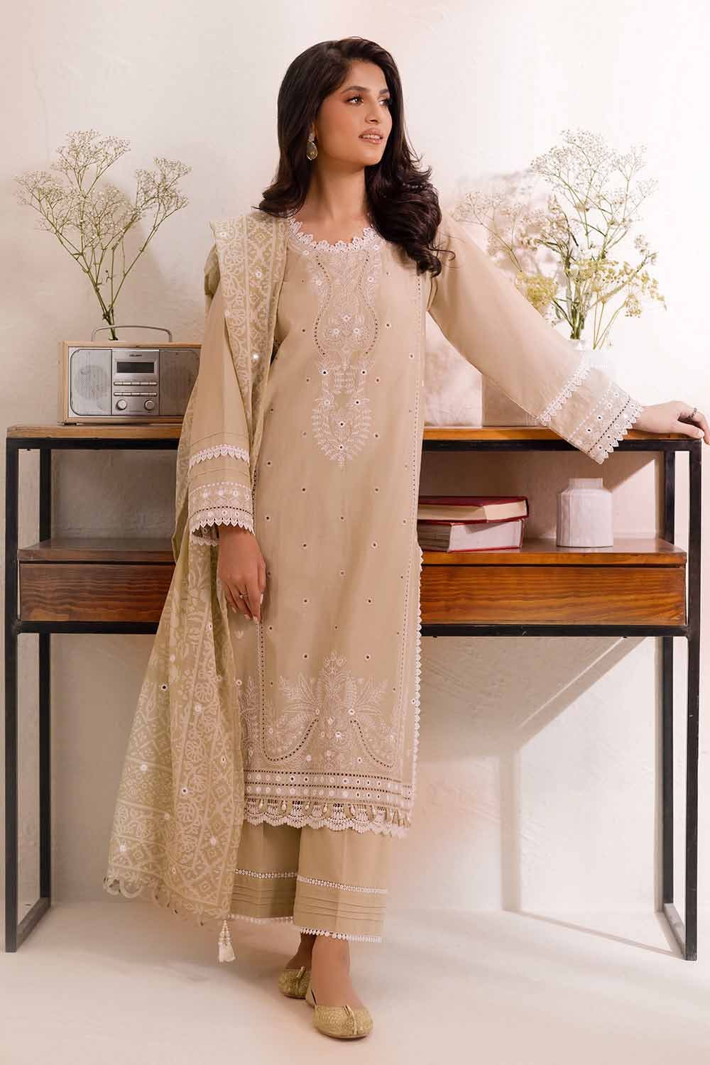 Gul Ahmed 3PC Unstitched Embroidered Lawn Suit with Mirror Work Lacquer Printed Paper Cotton Dupatta PC-42018